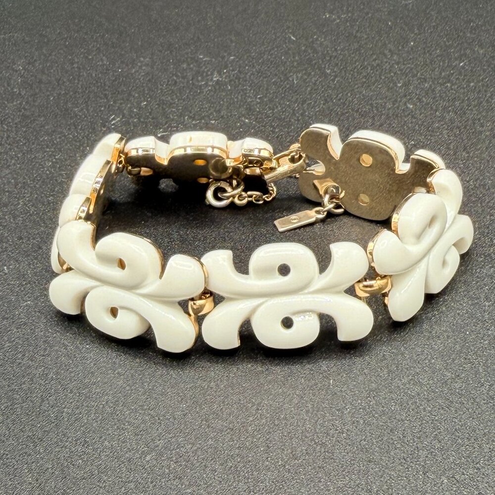 VTG MONET White Enamel/Lucite Link Bracelet - Gold Tone Mid Century Modern
